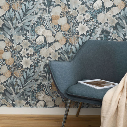 Navy floral wallpaper with a botanical pattern.