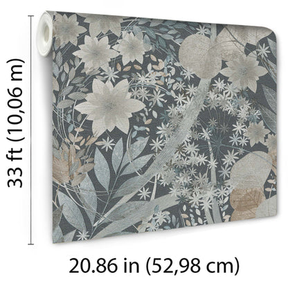 Rolled wallpaper panel with large beige flowers, gray-blue leaves & navy background; 20.86 in by 33 ft.