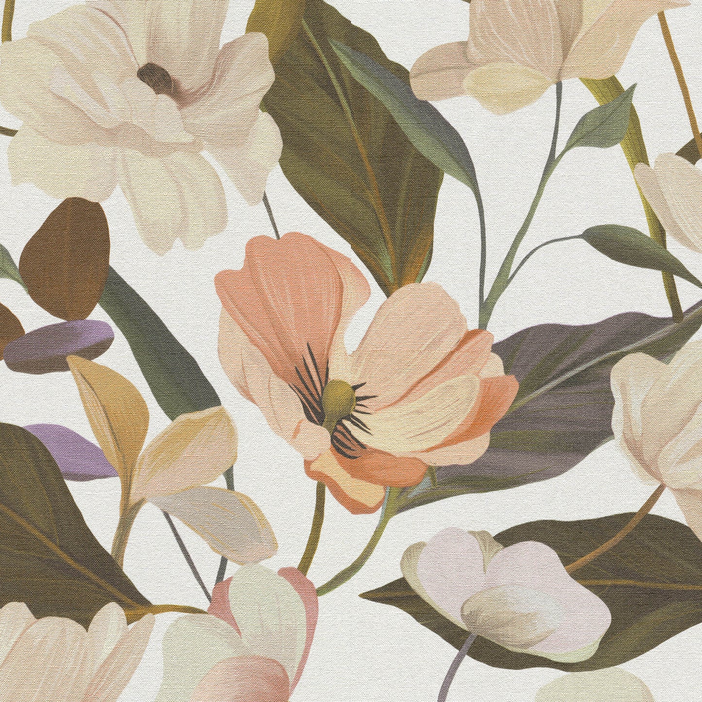 Soft floral wallpaper pattern with peach & cream flowers, lavender accents, & olive-green leaves on a light background