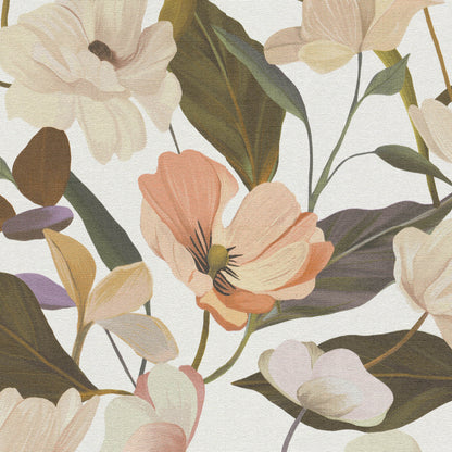 Soft floral wallpaper pattern with peach & cream flowers, lavender accents, & olive-green leaves on a light background