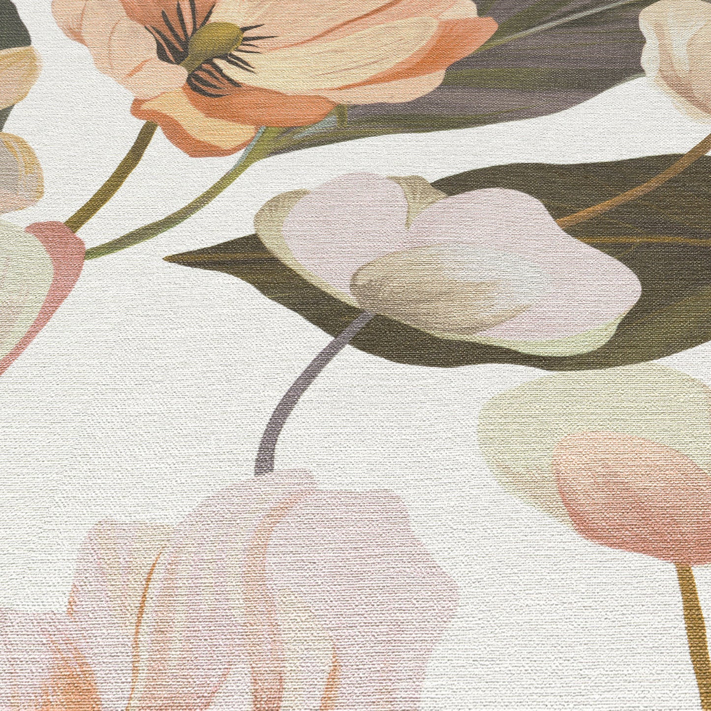 Pastel floral wallpaper featuring large peach, cream, and pink blossoms with green leaves.