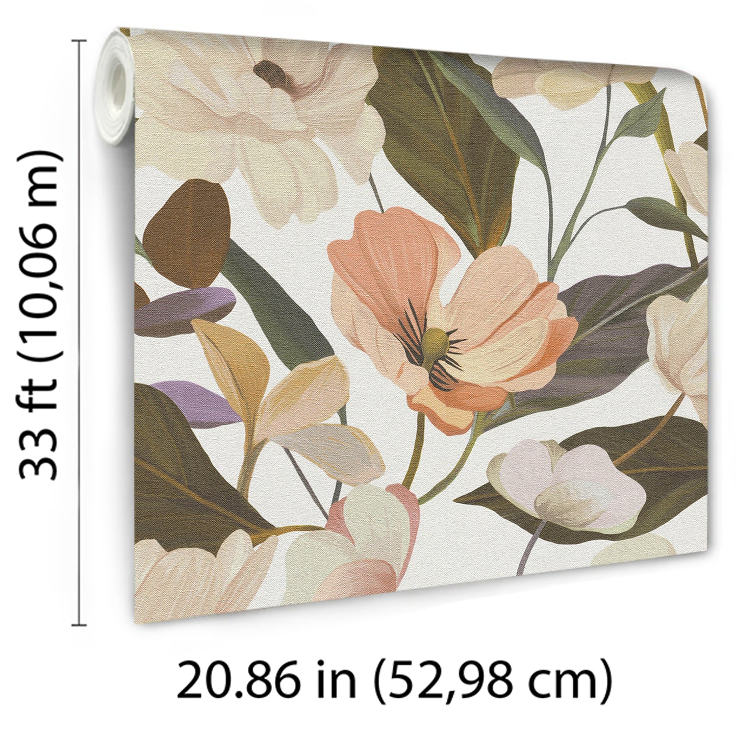 Pink floral wallpaper featuring peach, cream and olive flowers; botanical design.