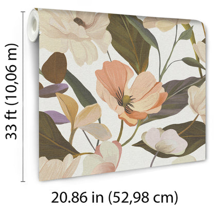 Pink floral wallpaper featuring peach, cream and olive flowers; botanical design.