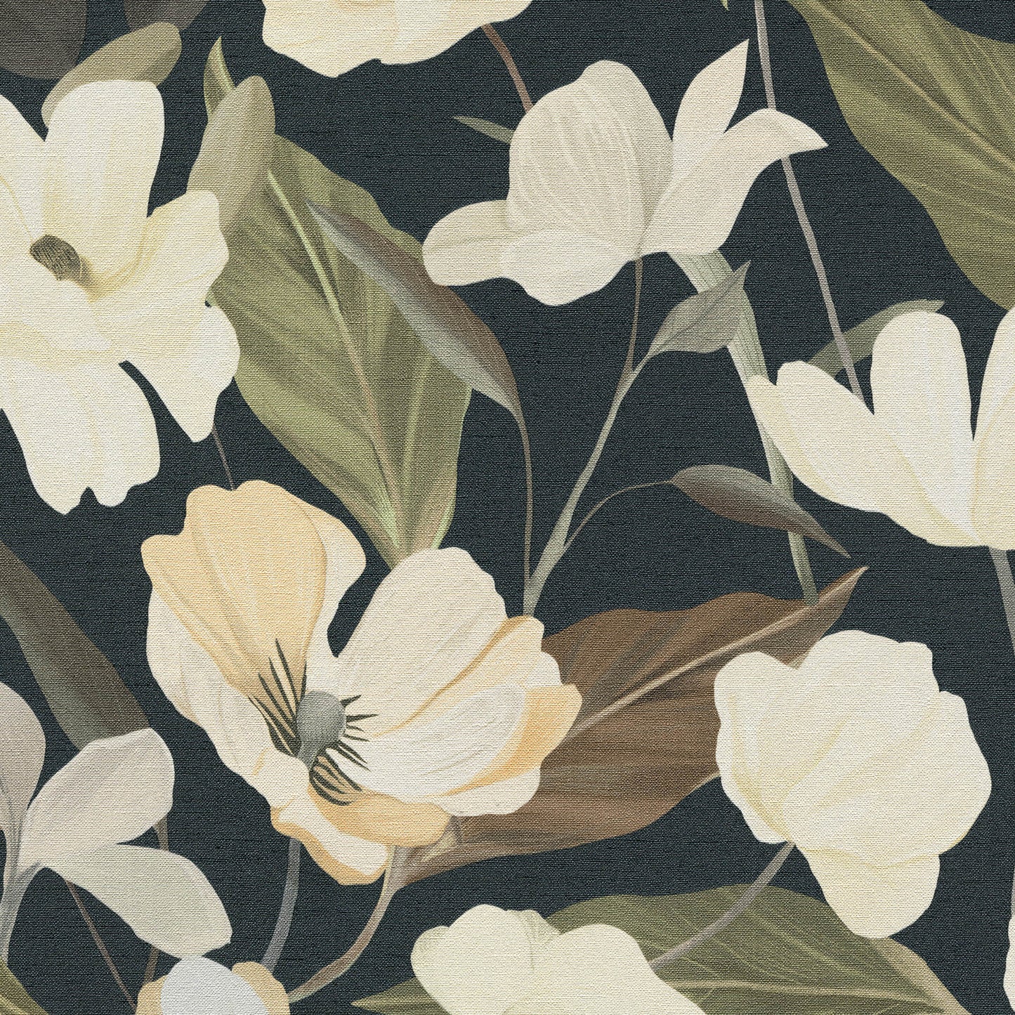 Floral pattern with ivory and pale yellow blossoms, olive-green leaves on a dark navy background, wallpaper.