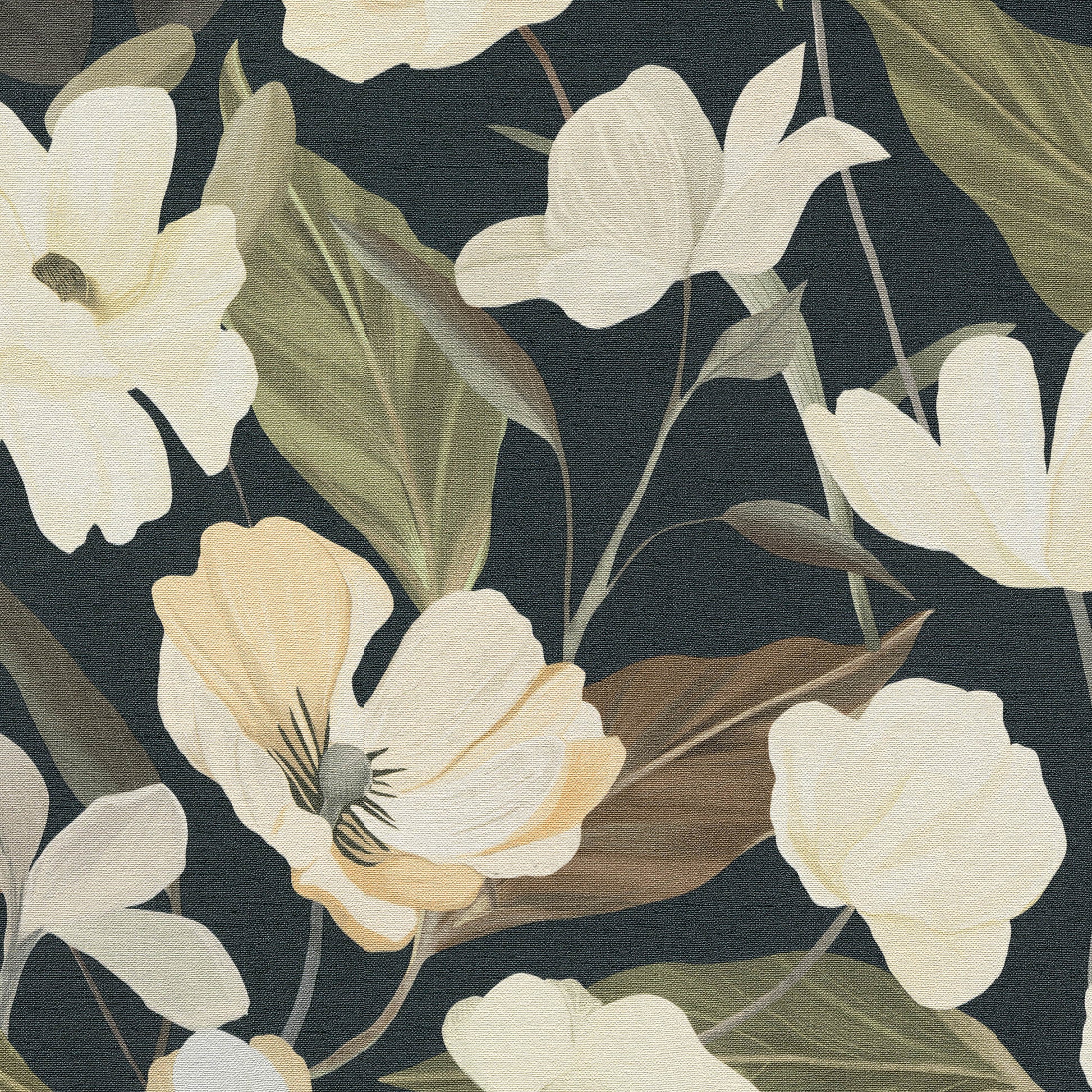 Floral pattern with ivory and pale yellow blossoms, olive-green leaves on a dark navy background, wallpaper.