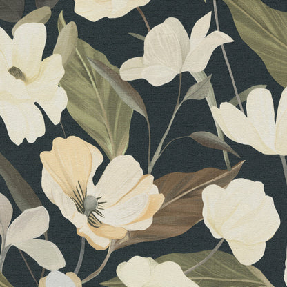 Floral pattern with ivory and pale yellow blossoms, olive-green leaves on a dark navy background, wallpaper.