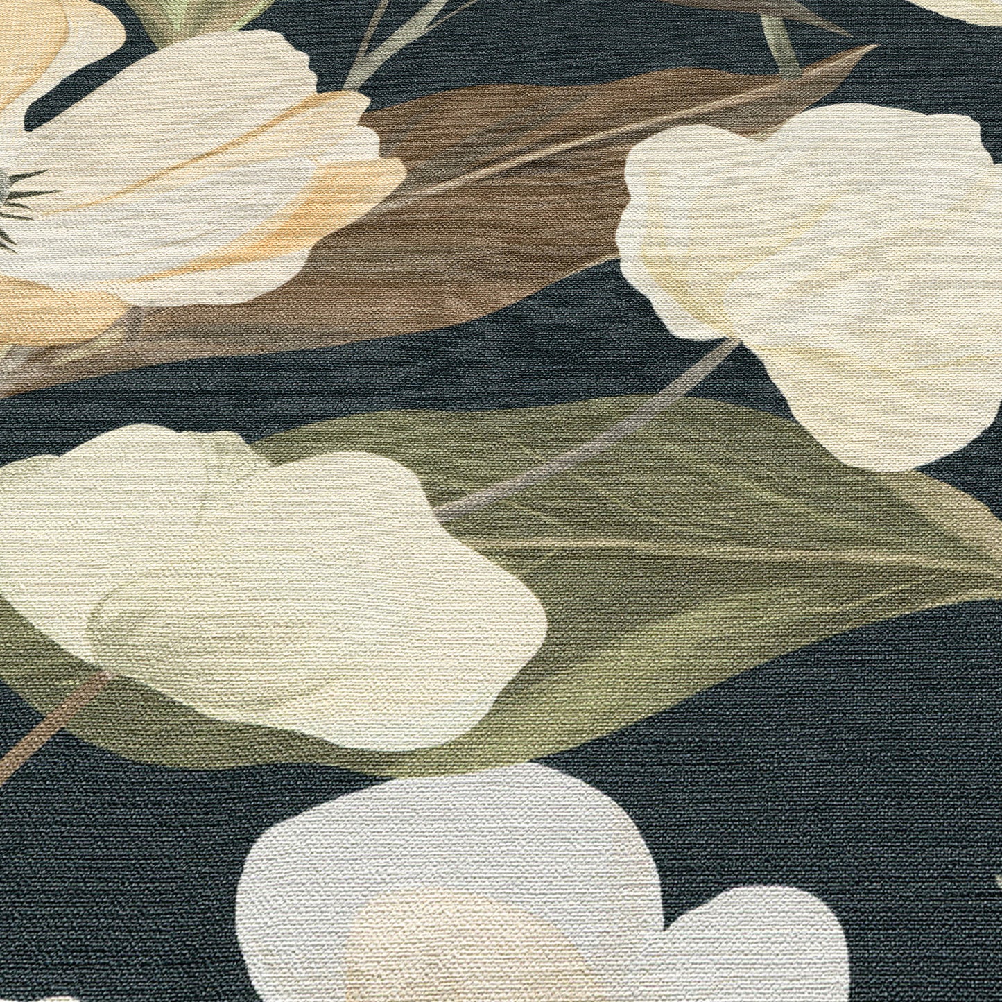 Black wallpaper with large cream flowers and olive-green leaves in a textured floral pattern.
