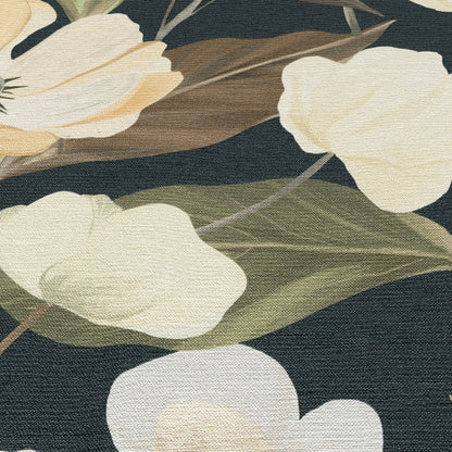 Black wallpaper with large cream flowers and olive-green leaves in a textured floral pattern.