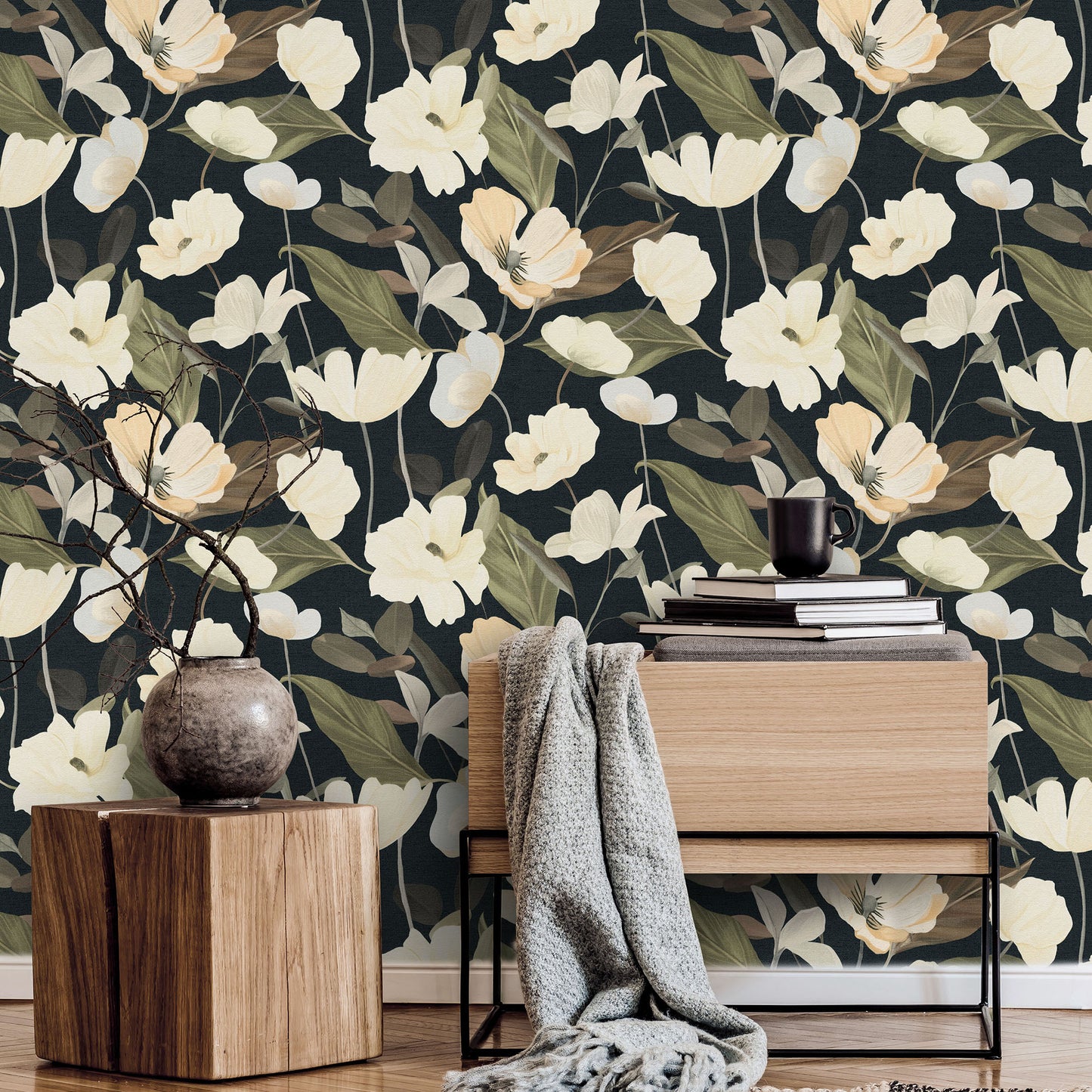 Floral wallpaper with cream flowers on a dark background.
