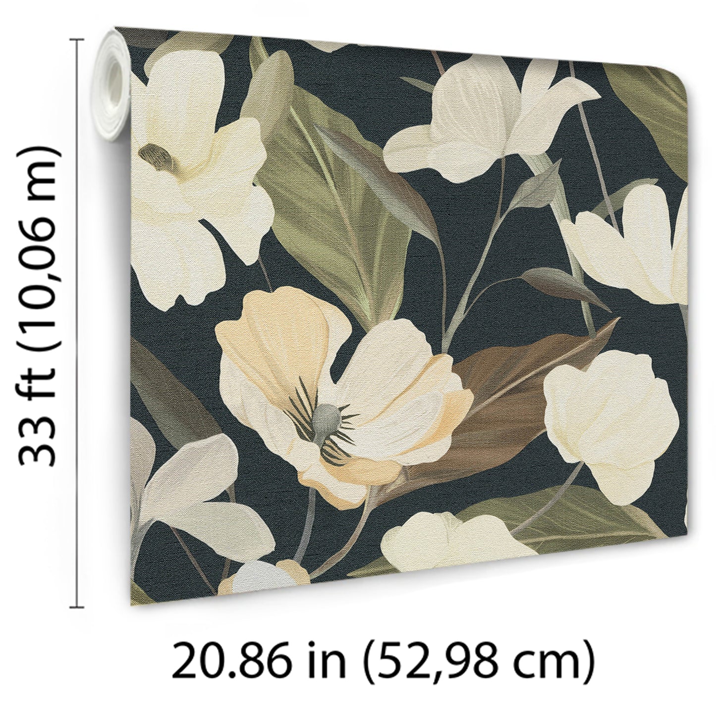 Black wallpaper featuring a floral pattern with cream flowers and olive-brown leaves.