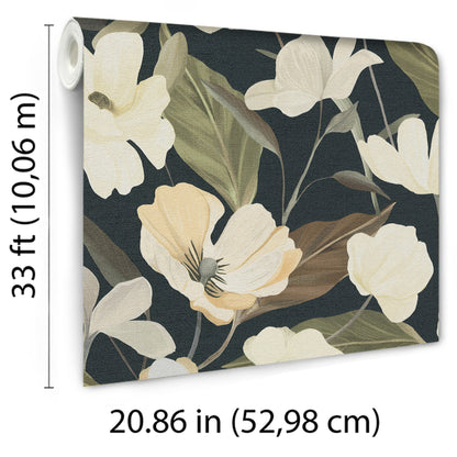Black wallpaper featuring a floral pattern with cream flowers and olive-brown leaves.
