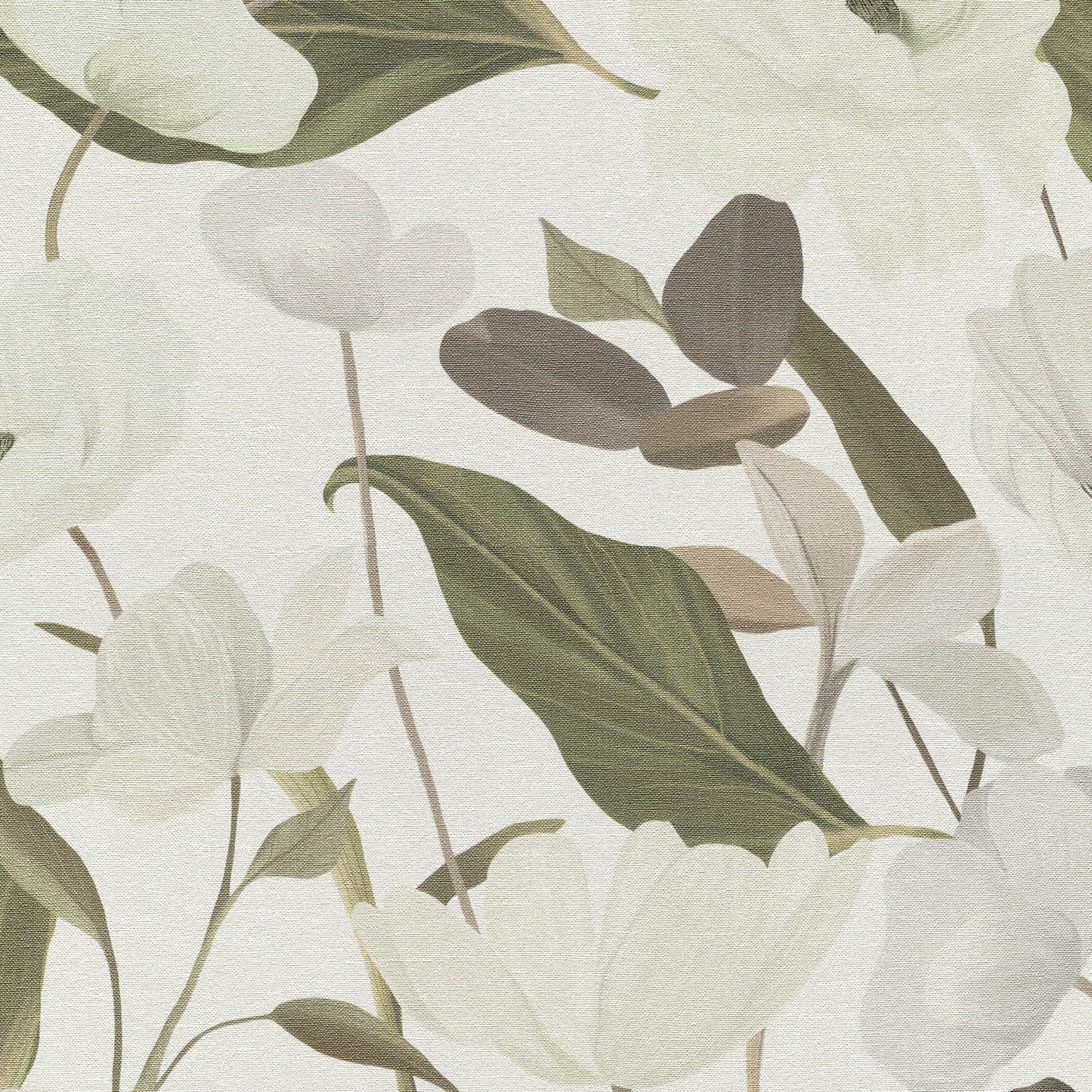 Soft botanical pattern with ivory blossoms and muted green leaves on a cream background; wallpaper.