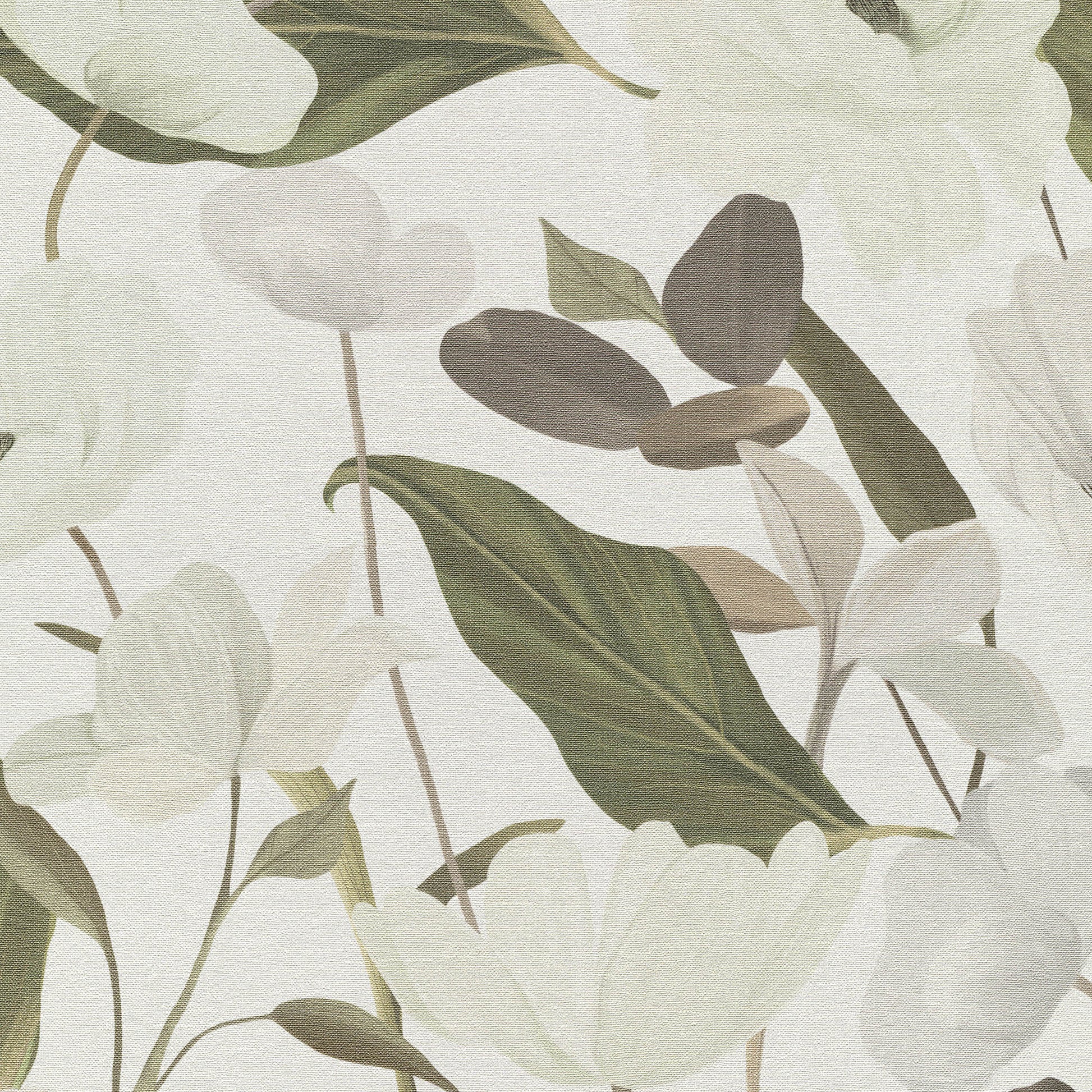 Soft botanical pattern with ivory blossoms and muted green leaves on a cream background; wallpaper.
