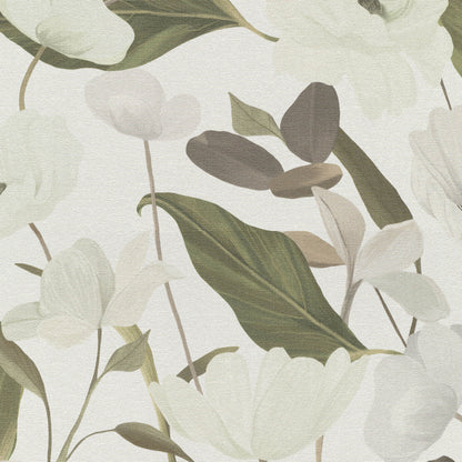Soft botanical pattern with ivory blossoms and muted green leaves on a cream background; wallpaper.