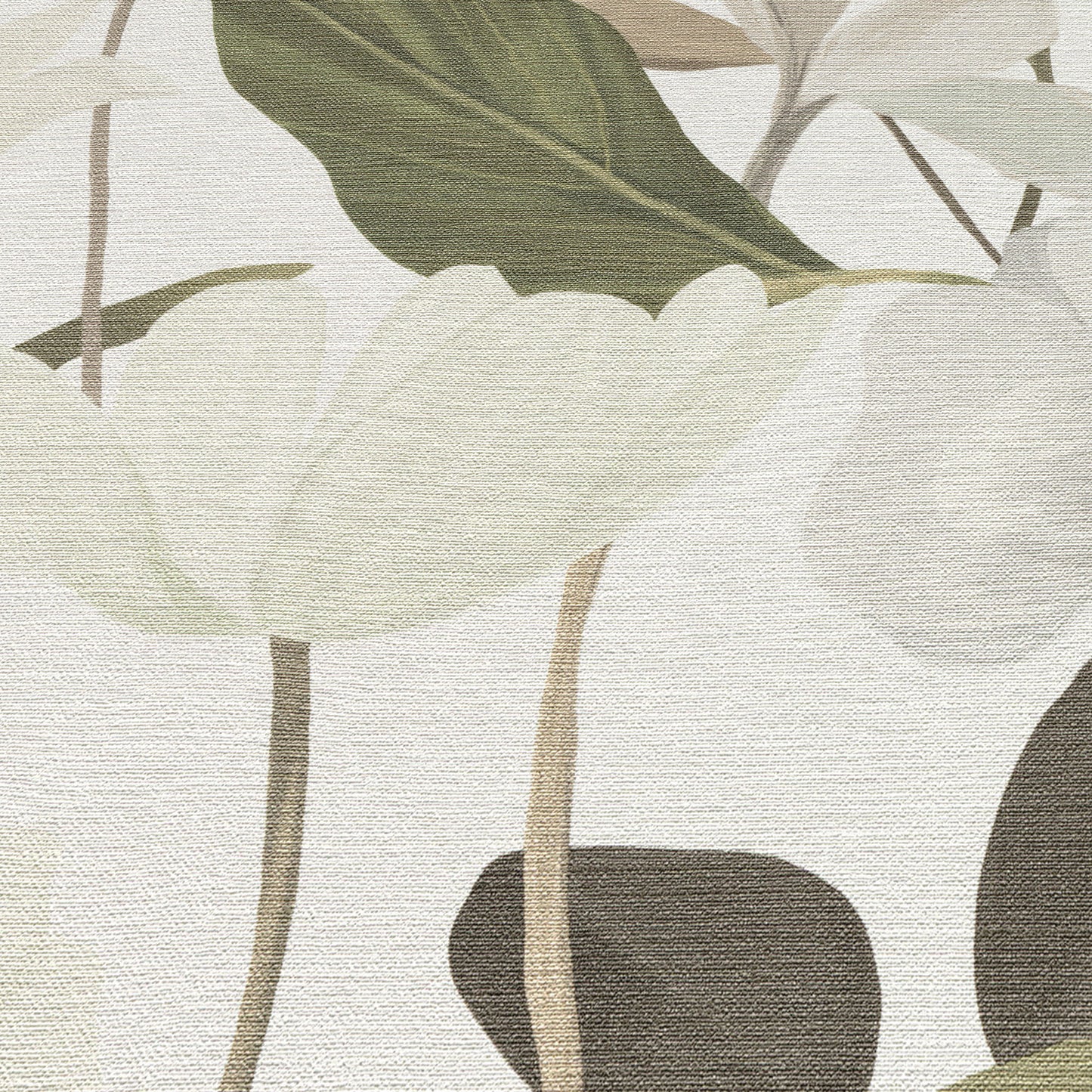 White wallpaper with a delicate floral pattern in soft greens and beige.