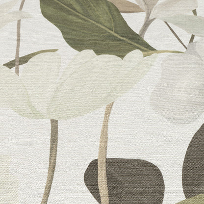 White wallpaper with a delicate floral pattern in soft greens and beige.