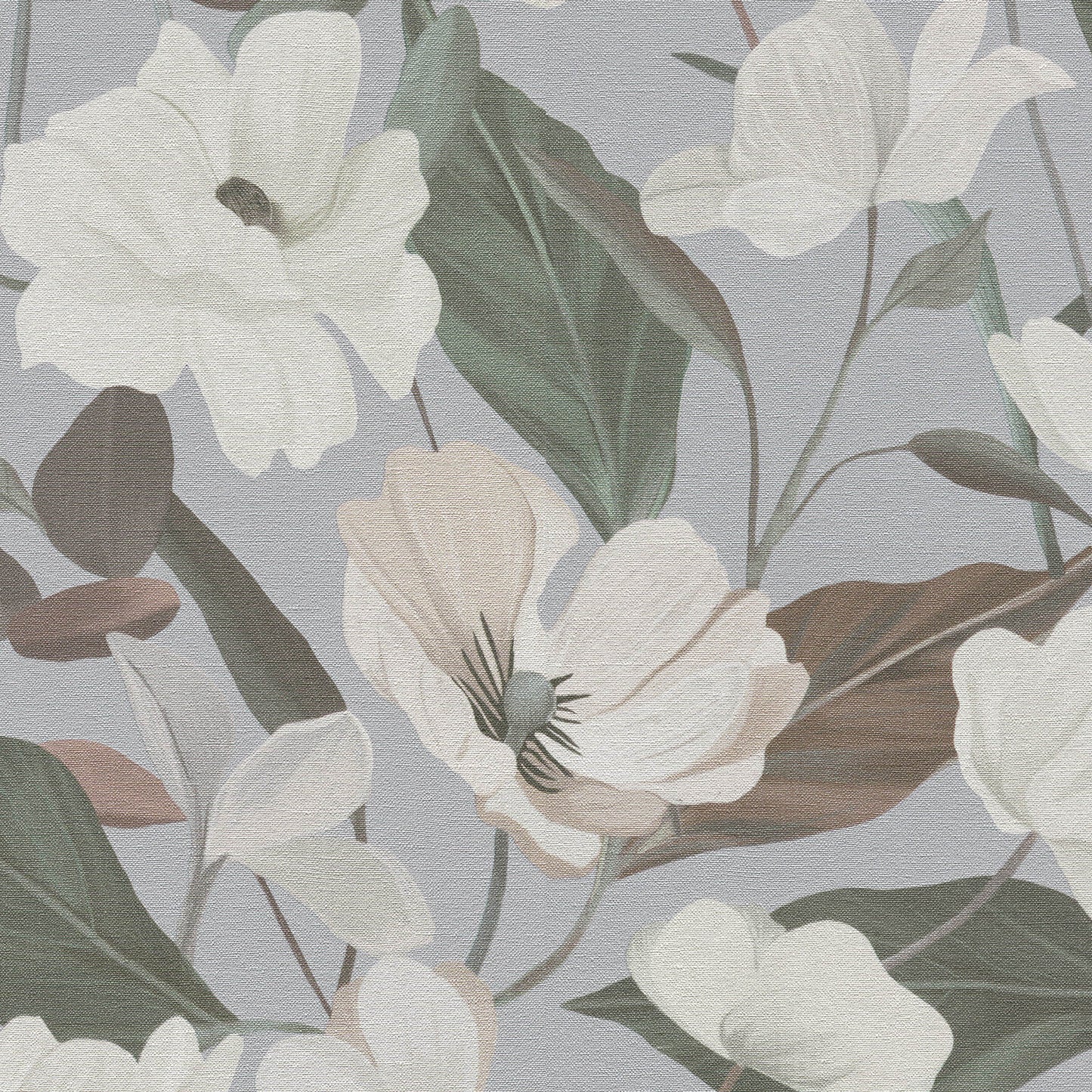 Textured wallpaper featuring large cream flowers and green leaves on a cool gray-blue background.