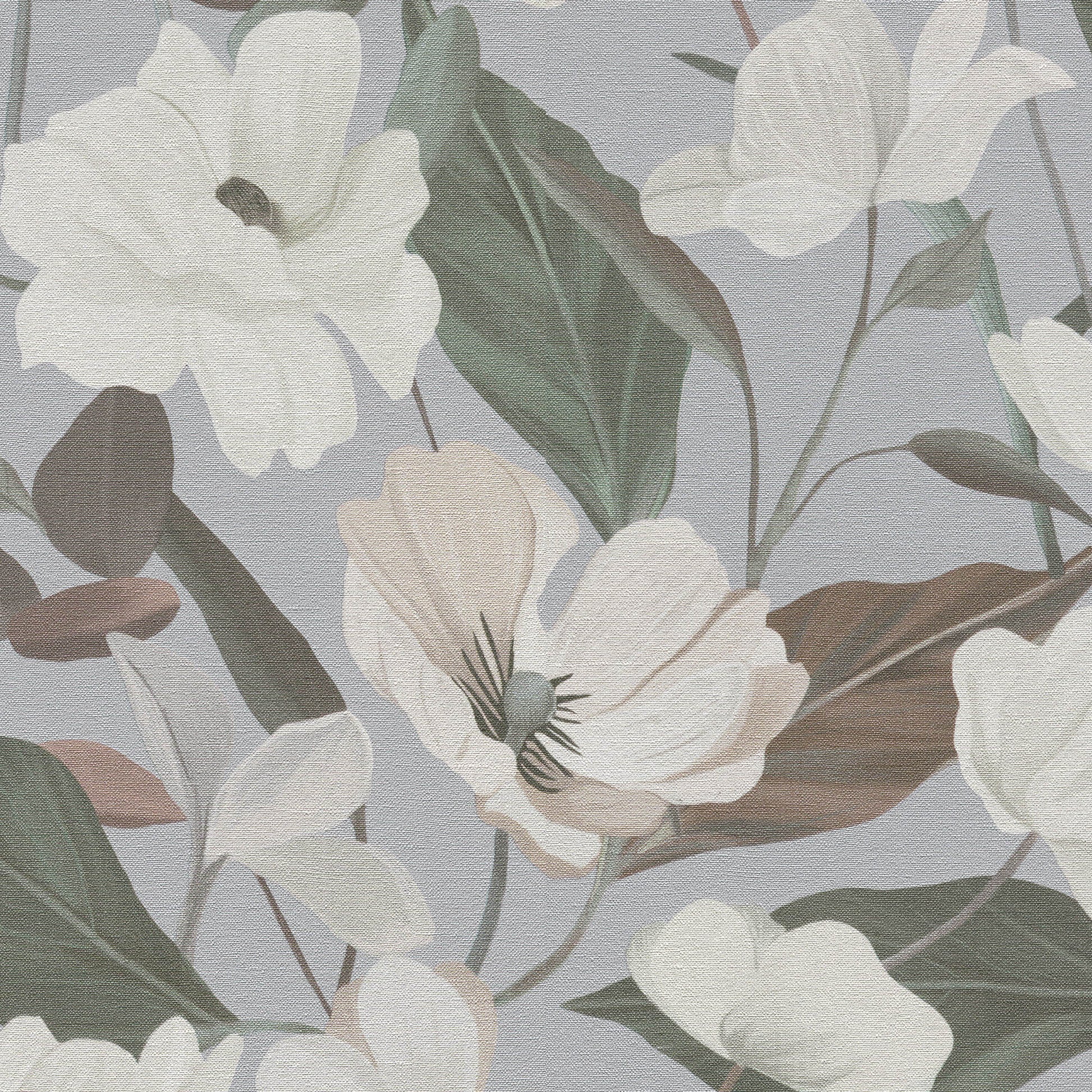 Textured wallpaper featuring large cream flowers and green leaves on a cool gray-blue background.