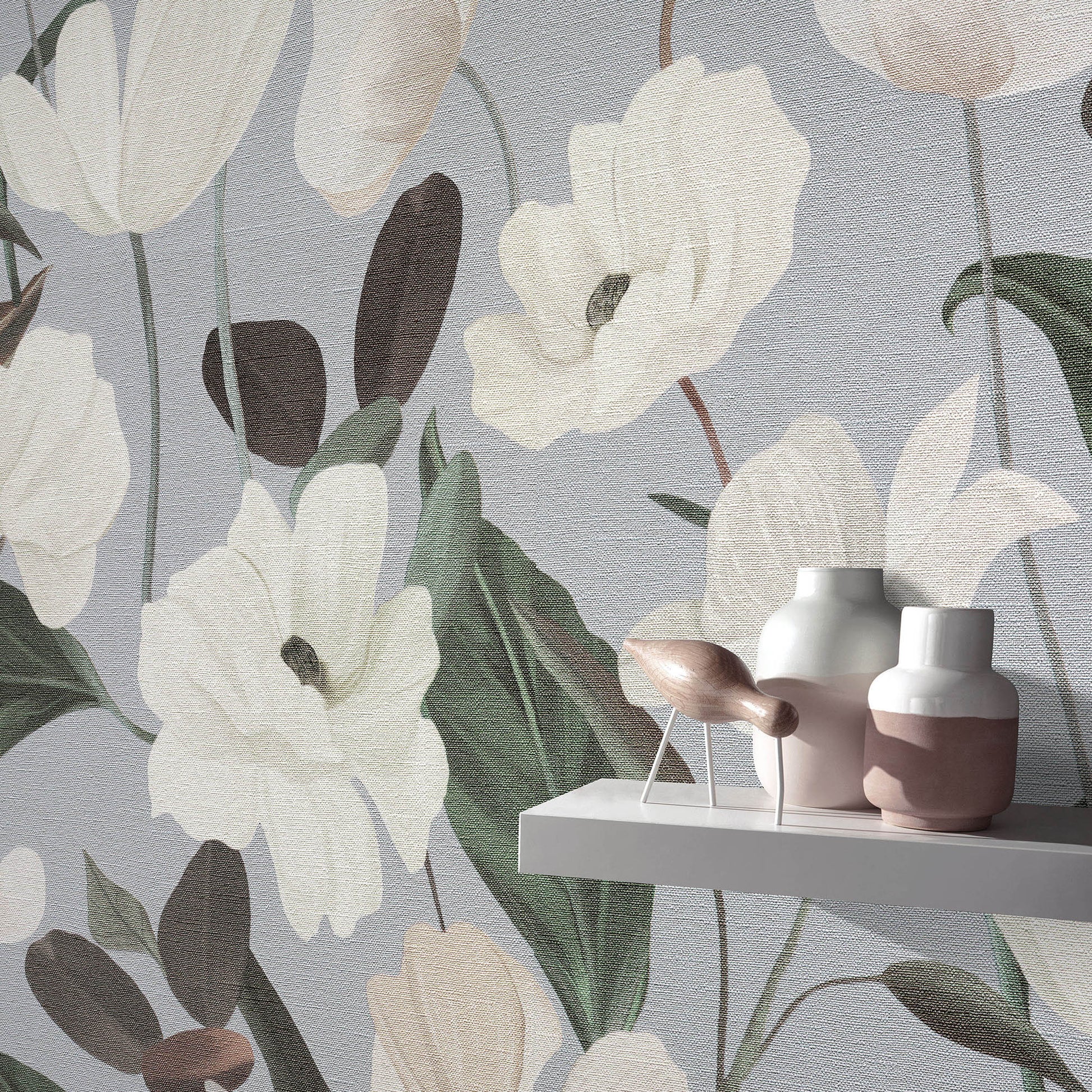 Floral wallpaper with oversized white flowers & green leaves on grey-blue; shelf with pink & white ceramic vases.