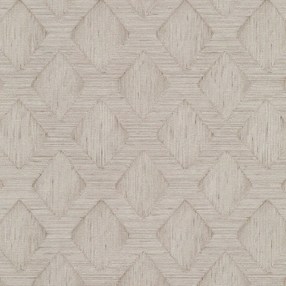 Beige textured wallpaper with interlocking geometric diamonds and chevrons; subtle linear shading.
