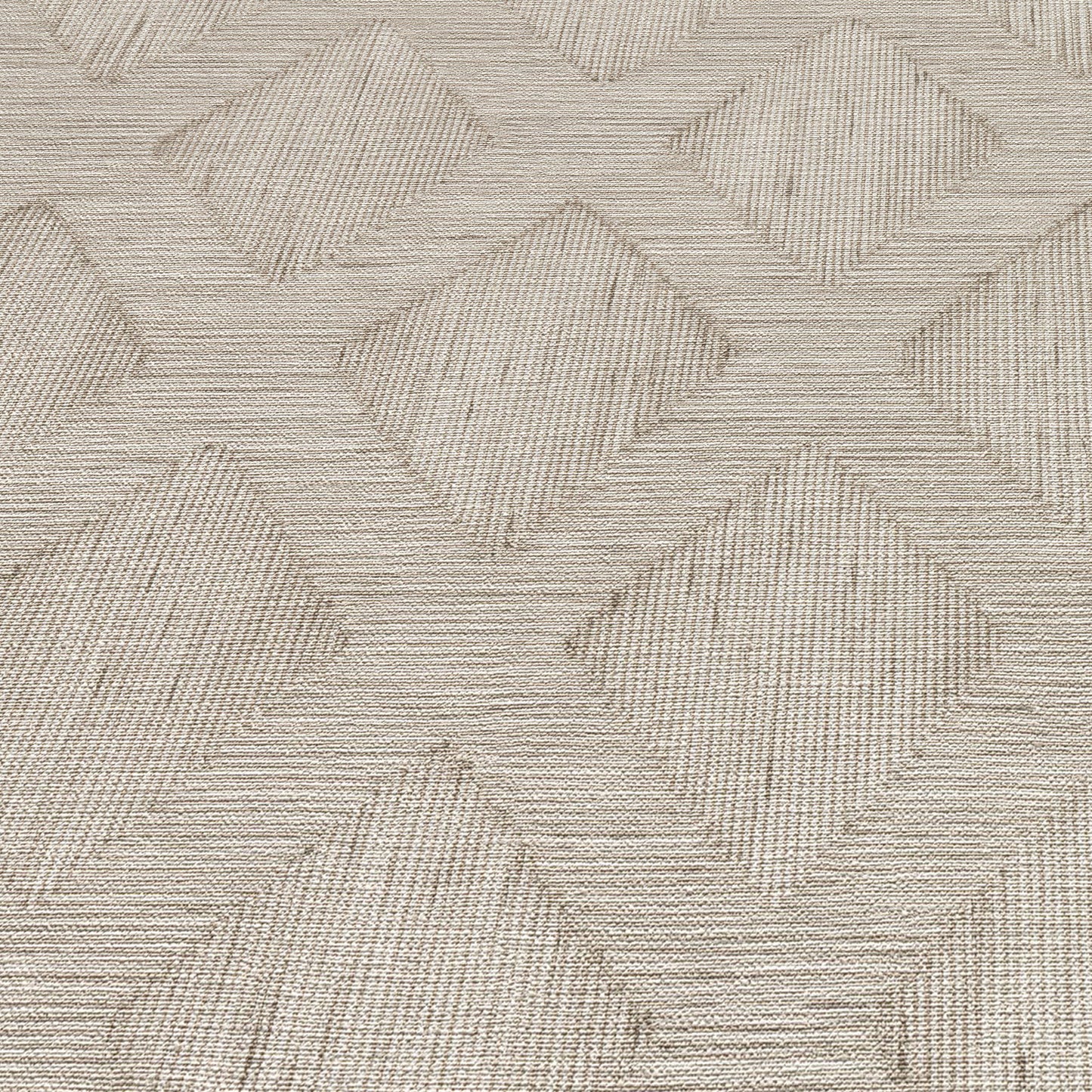 Beige wallpaper with interlocking diamond blocks and subtle linear striations; neutral geometric pattern.