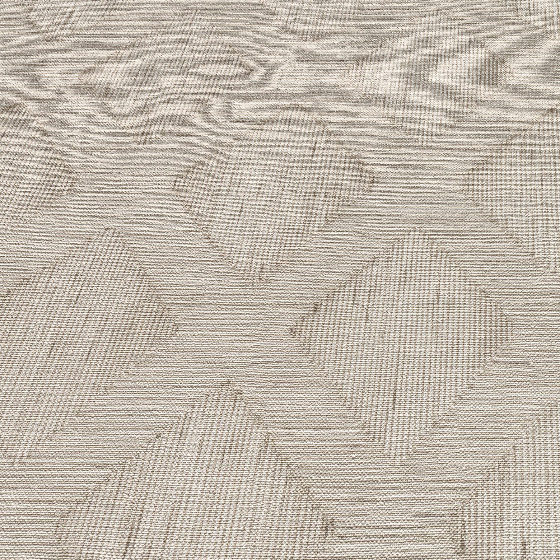Beige wallpaper with interlocking diamond blocks and subtle linear striations; neutral geometric pattern.