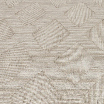 Beige wallpaper with interlocking diamond blocks and subtle linear striations; neutral geometric pattern.