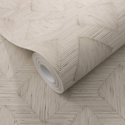 Beige textured wallpaper roll with embossed geometric interlocking squares formed by diagonal lines.