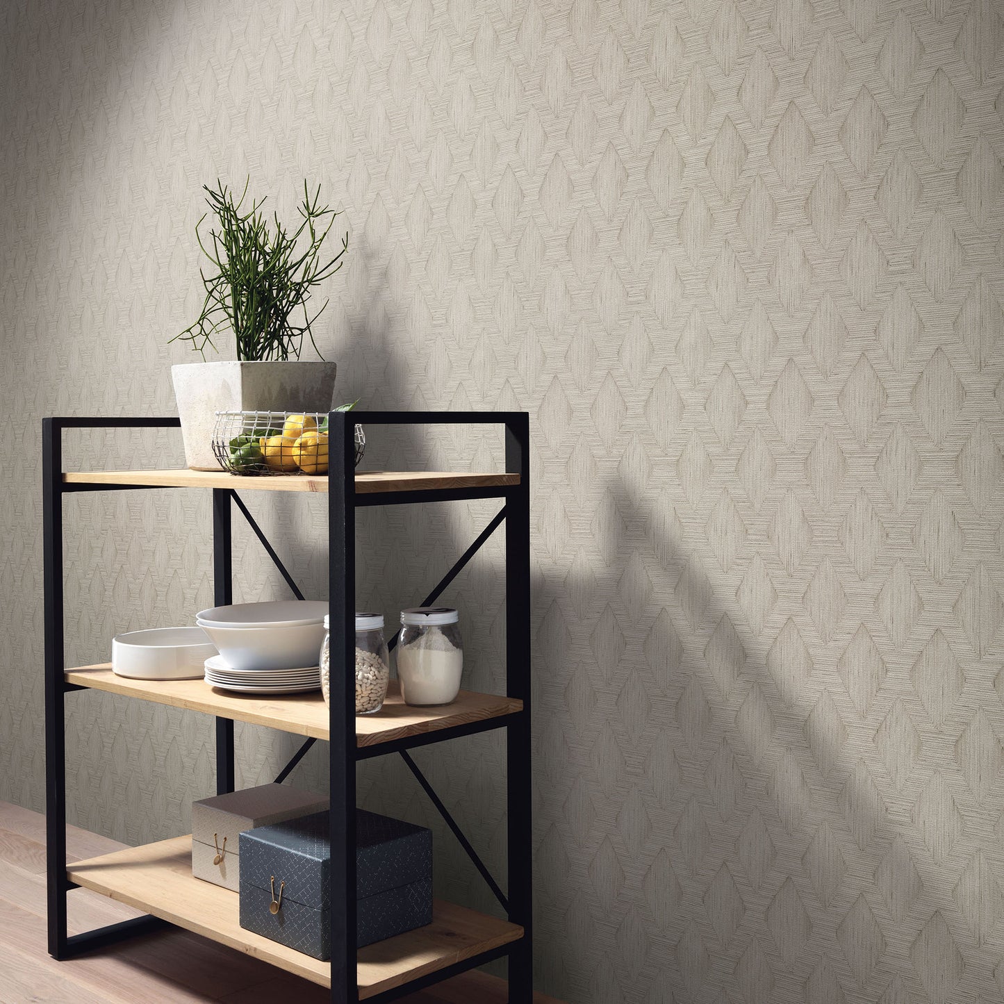 Beige modern wallpaper with a subtle pattern on the wall.