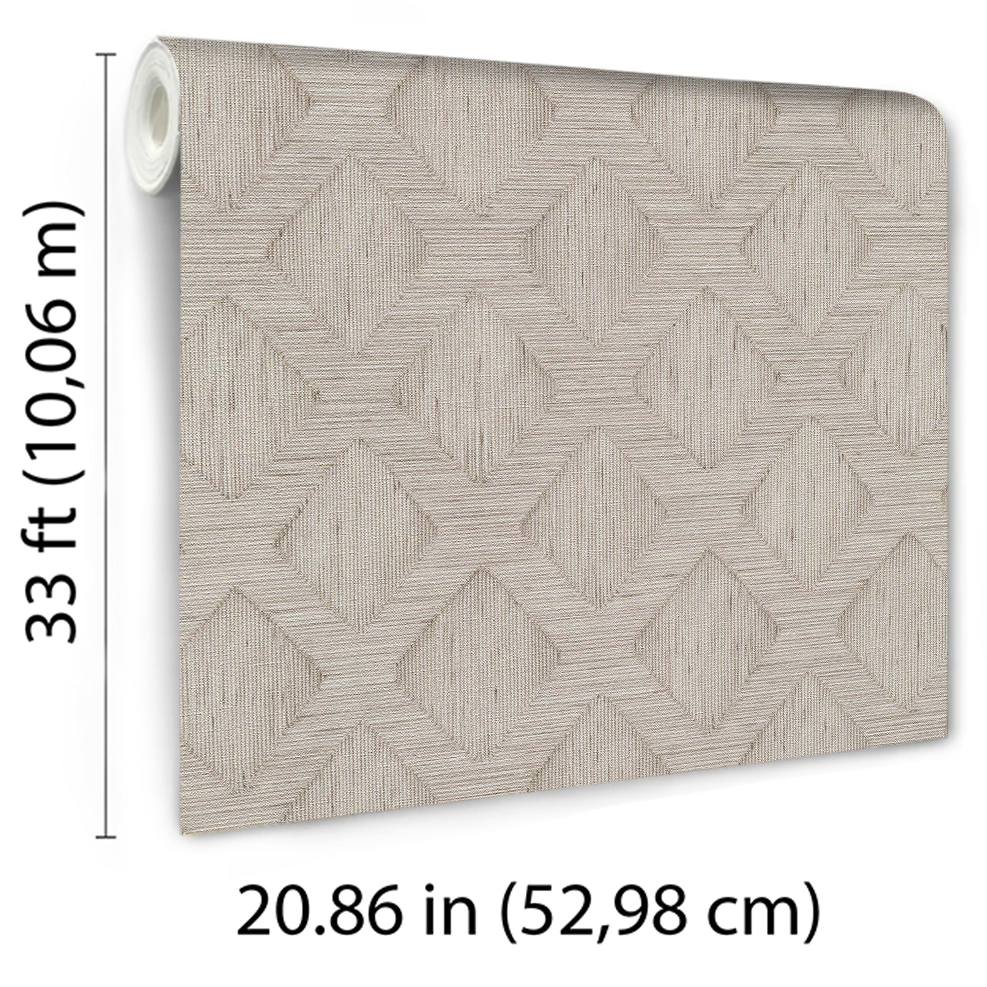 Beige textured wallpaper with a geometric diamond pattern and woven look; wall roll.