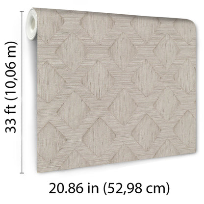 Beige textured wallpaper with a geometric diamond pattern and woven look; wall roll.