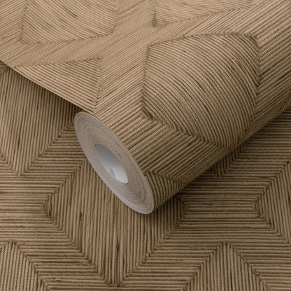 Brown textured wallpaper roll with a geometric stepped-square pattern and ribbed lines for wall decor.