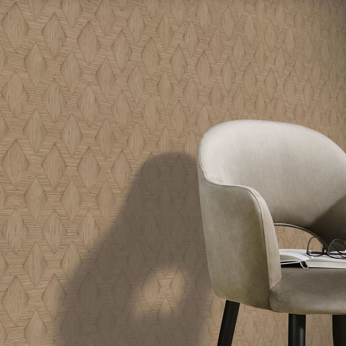 Brown wallpaper with a warm geometric pattern.