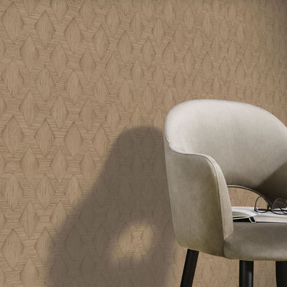 Brown wallpaper with a warm geometric pattern.
