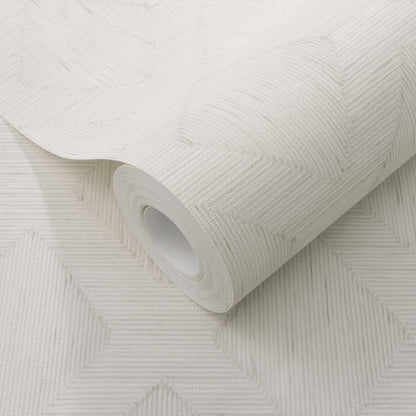 White embossed wallpaper roll with geometric chevron pattern and textured finish.