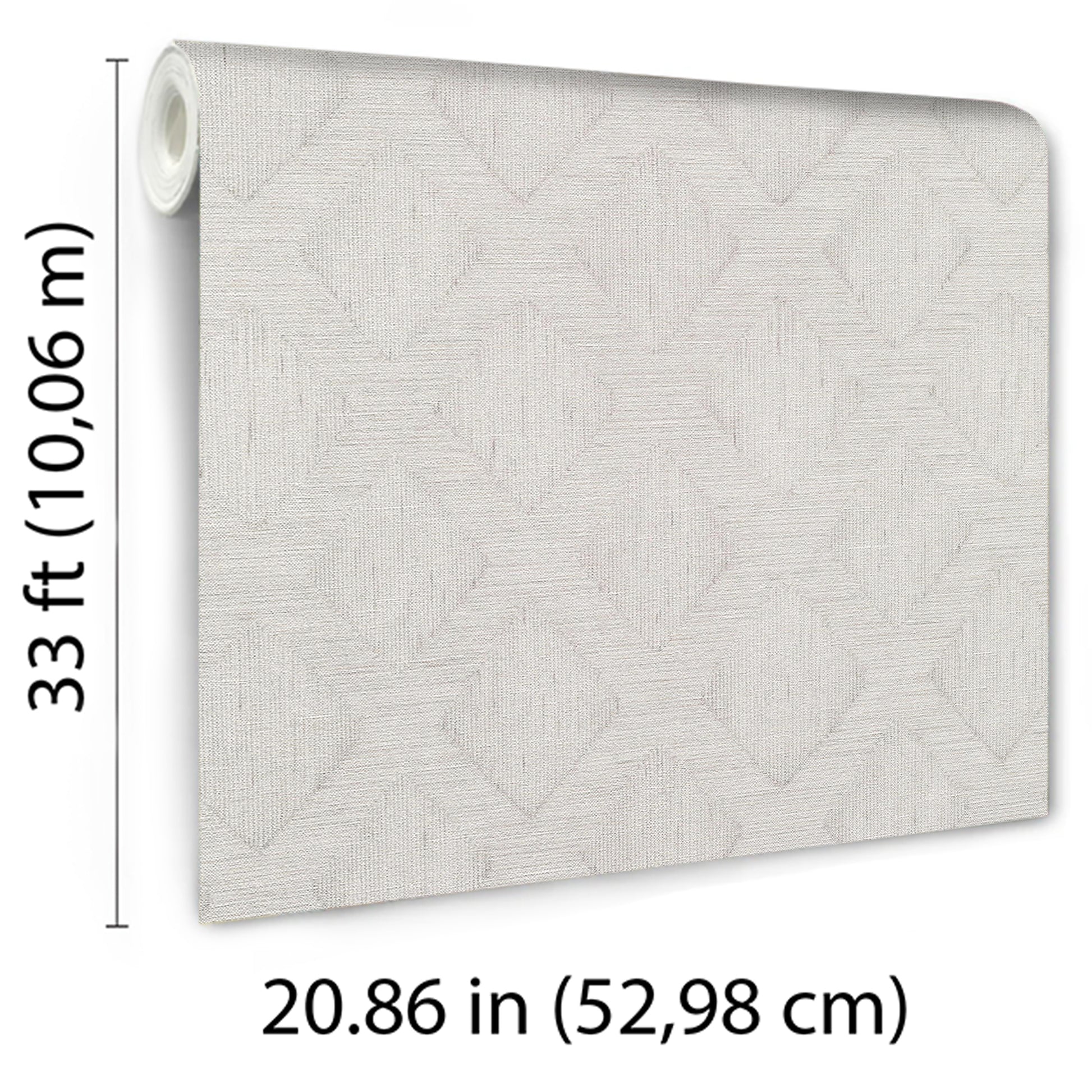Neutral light gray textured geometric wallpaper roll with fabric-like pattern; 33 ft long, 20.86 in wide.