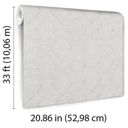 Neutral light gray textured geometric wallpaper roll with fabric-like pattern; 33 ft long, 20.86 in wide.