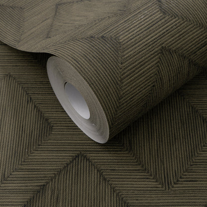 Dark olive textured wallpaper roll with geometric chevron/diamond pattern and a visible cardboard core.