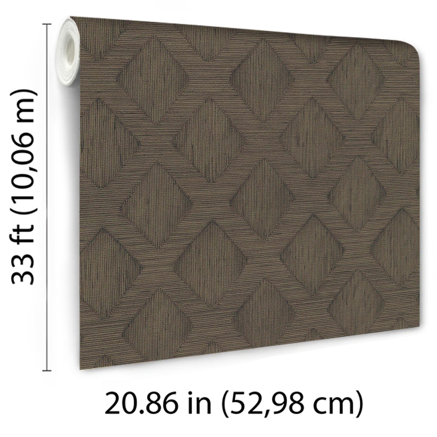 Roll of brown geometric textured wallpaper with repeating diamond motif.