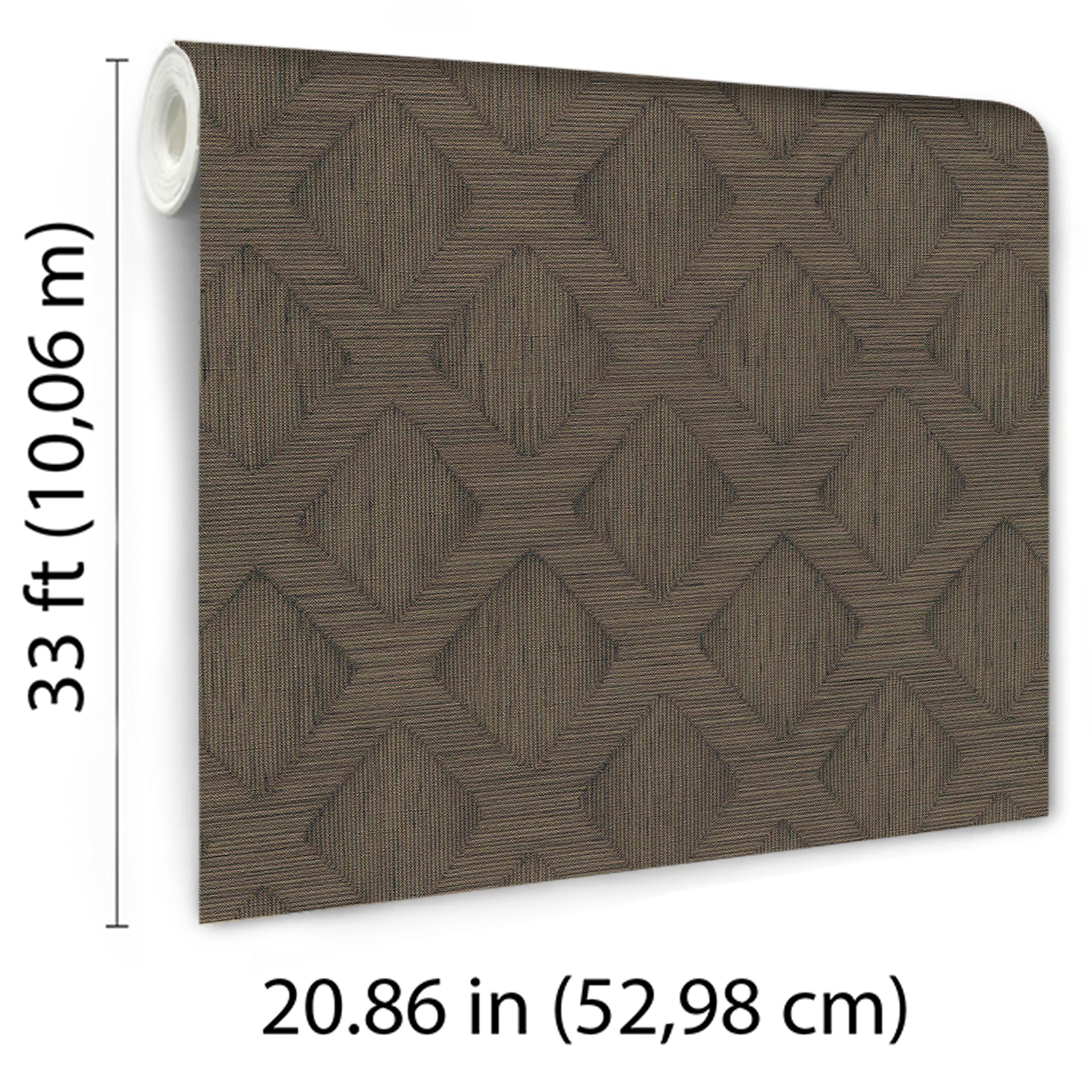 Roll of brown geometric textured wallpaper with repeating diamond motif.