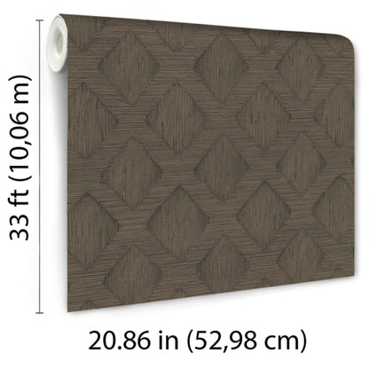 Roll of brown geometric textured wallpaper with repeating diamond motif.