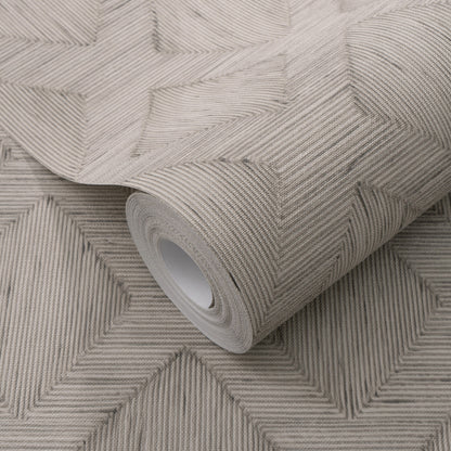 Beige-gray textured wallpaper roll with a subtle herringbone chevron pattern and fabric-like finish for walls.