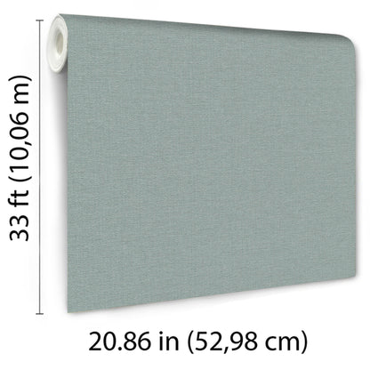 Teal textured wallpaper roll with a linen-like weave; long wall-covering sheet.