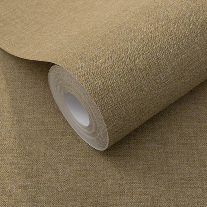 Yellow linen-look wallpaper on a roll with a subtle textured surface and a traditional pattern.