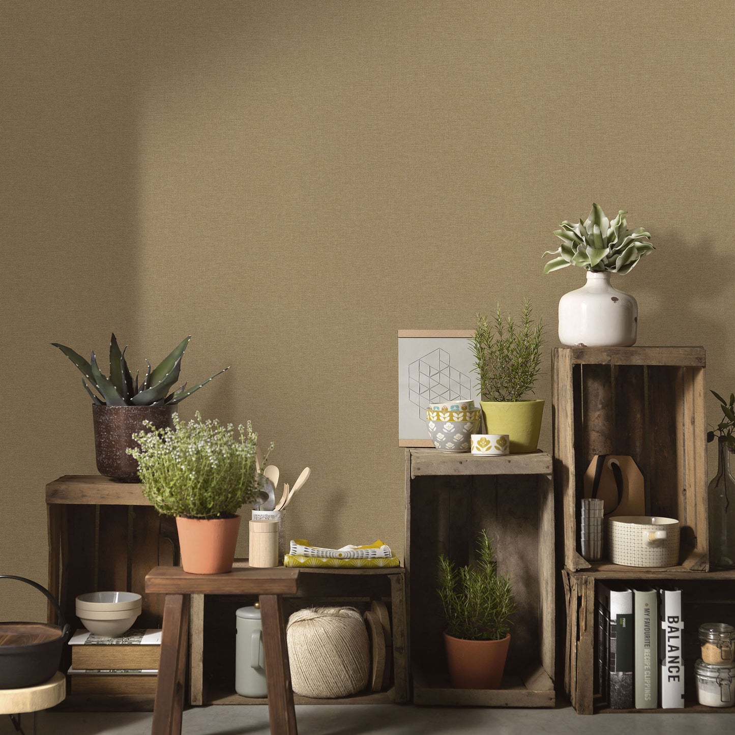 Close-up of traditional yellow wallpaper showing a soft linen-like texture and subtle pattern in beige-yellow tones.