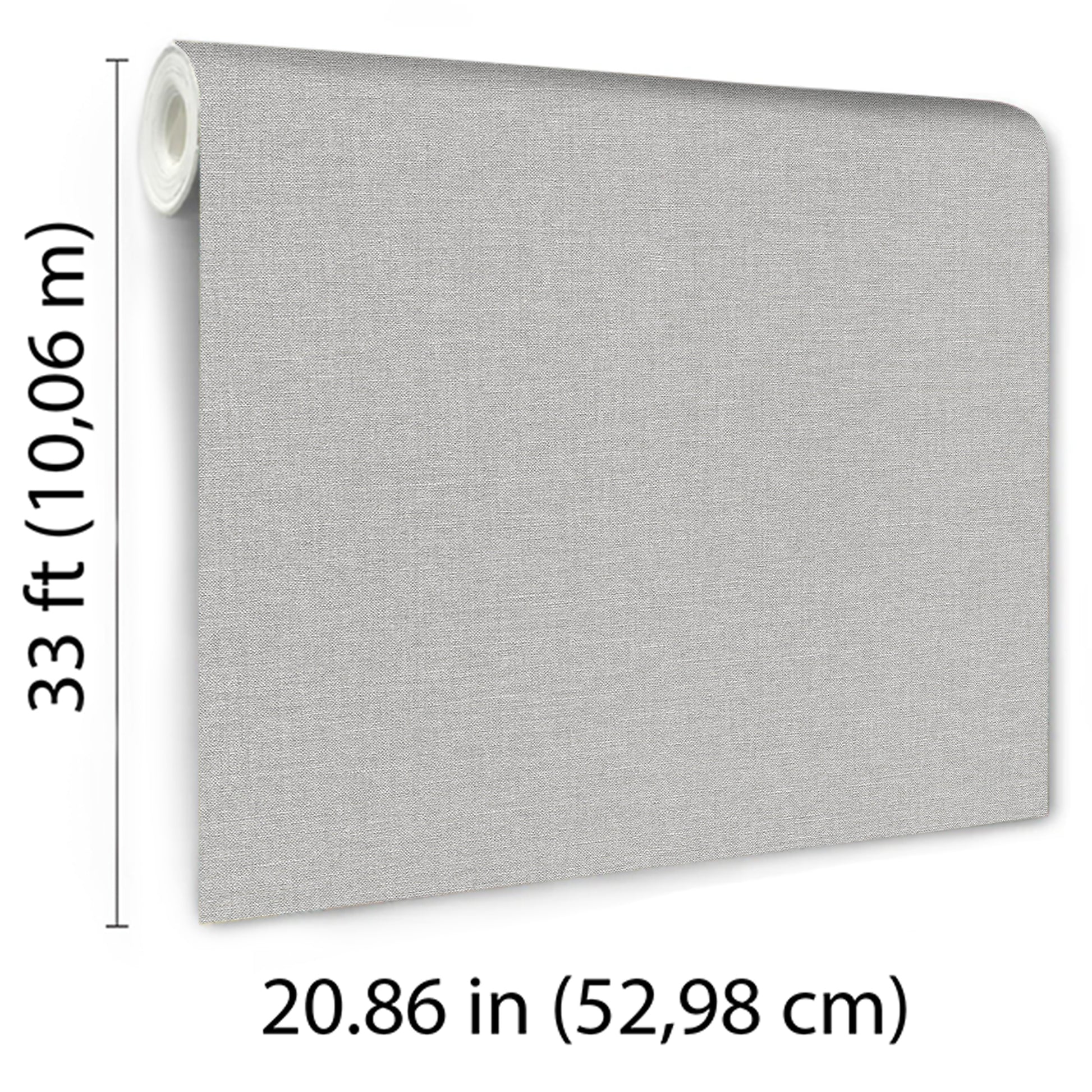 Gray linen-textured wallpaper roll with a small portion visible at top-left; 33 ft long by 20.86 in wide.