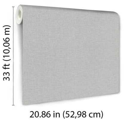 Gray linen-textured wallpaper roll with a small portion visible at top-left; 33 ft long by 20.86 in wide.