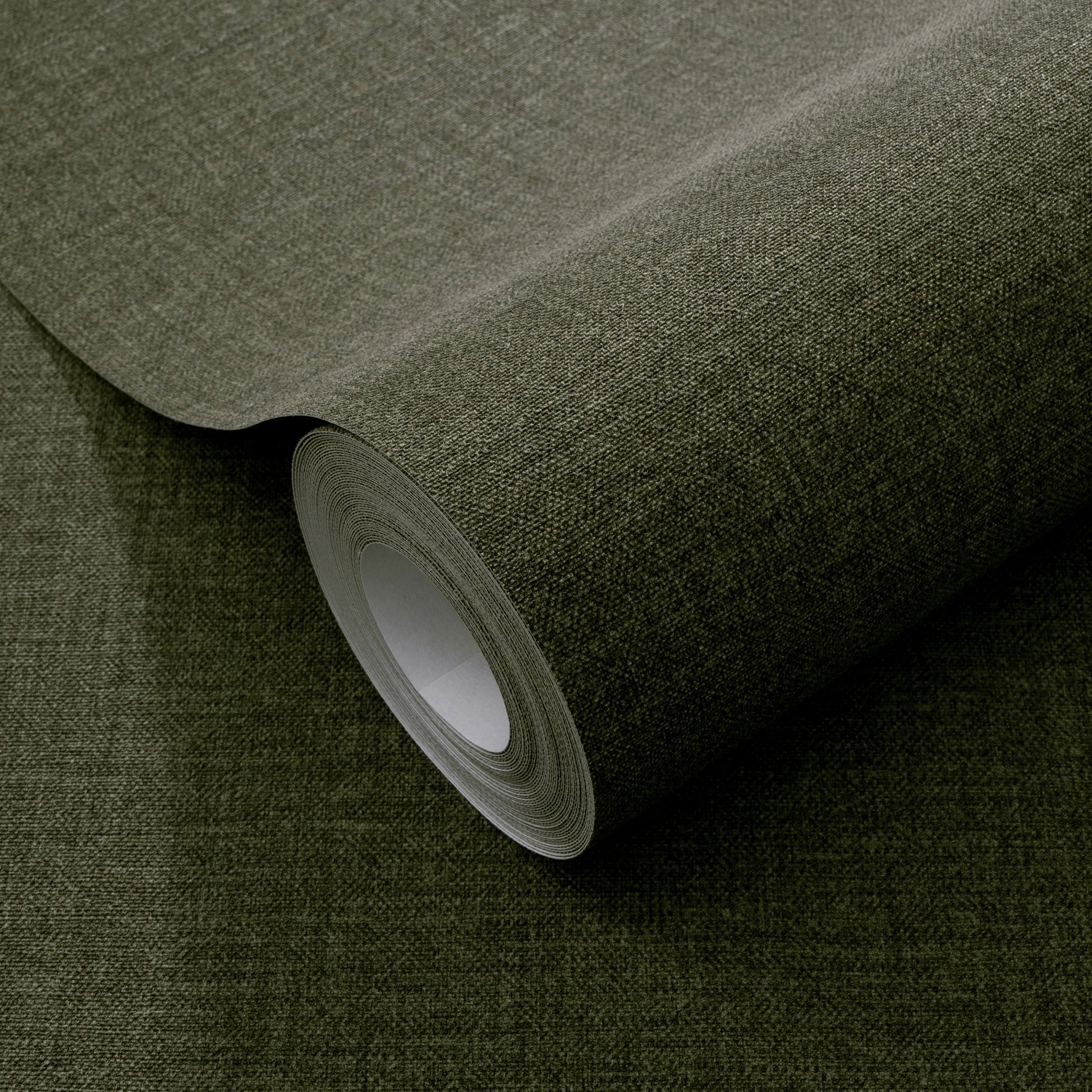 Olive green textured wallpaper roll with linen-like weave for walls.