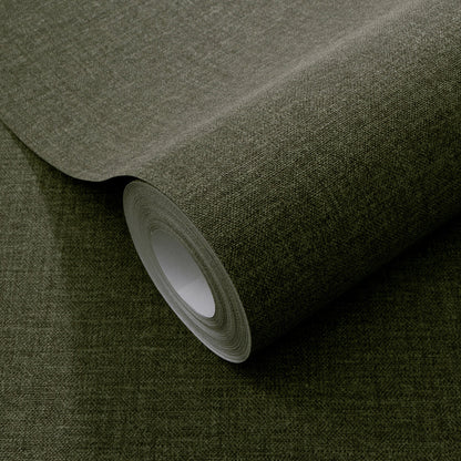 Olive green textured wallpaper roll with linen-like weave for walls.