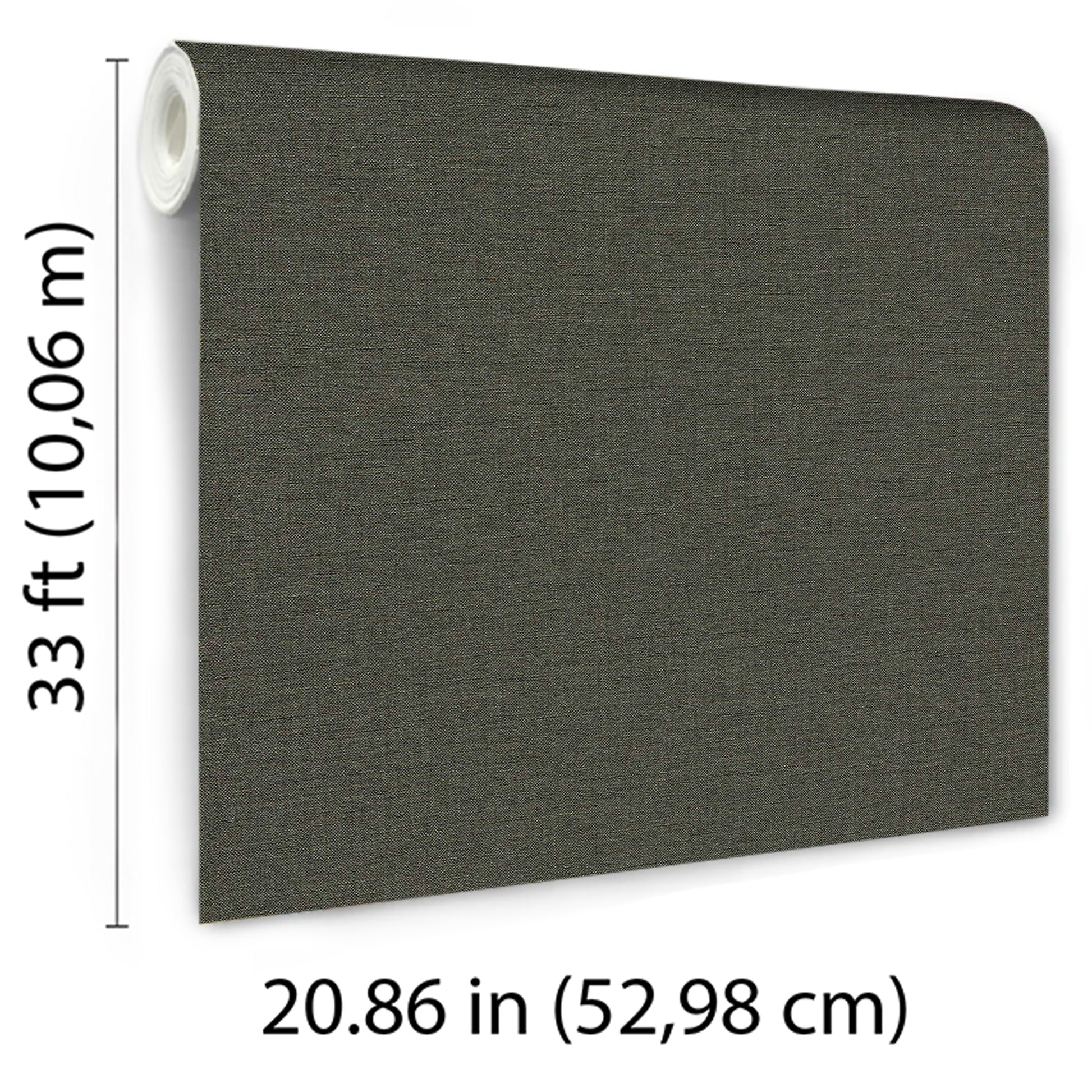 Green linen-textured wallpaper with a traditional pattern in soft tones.
